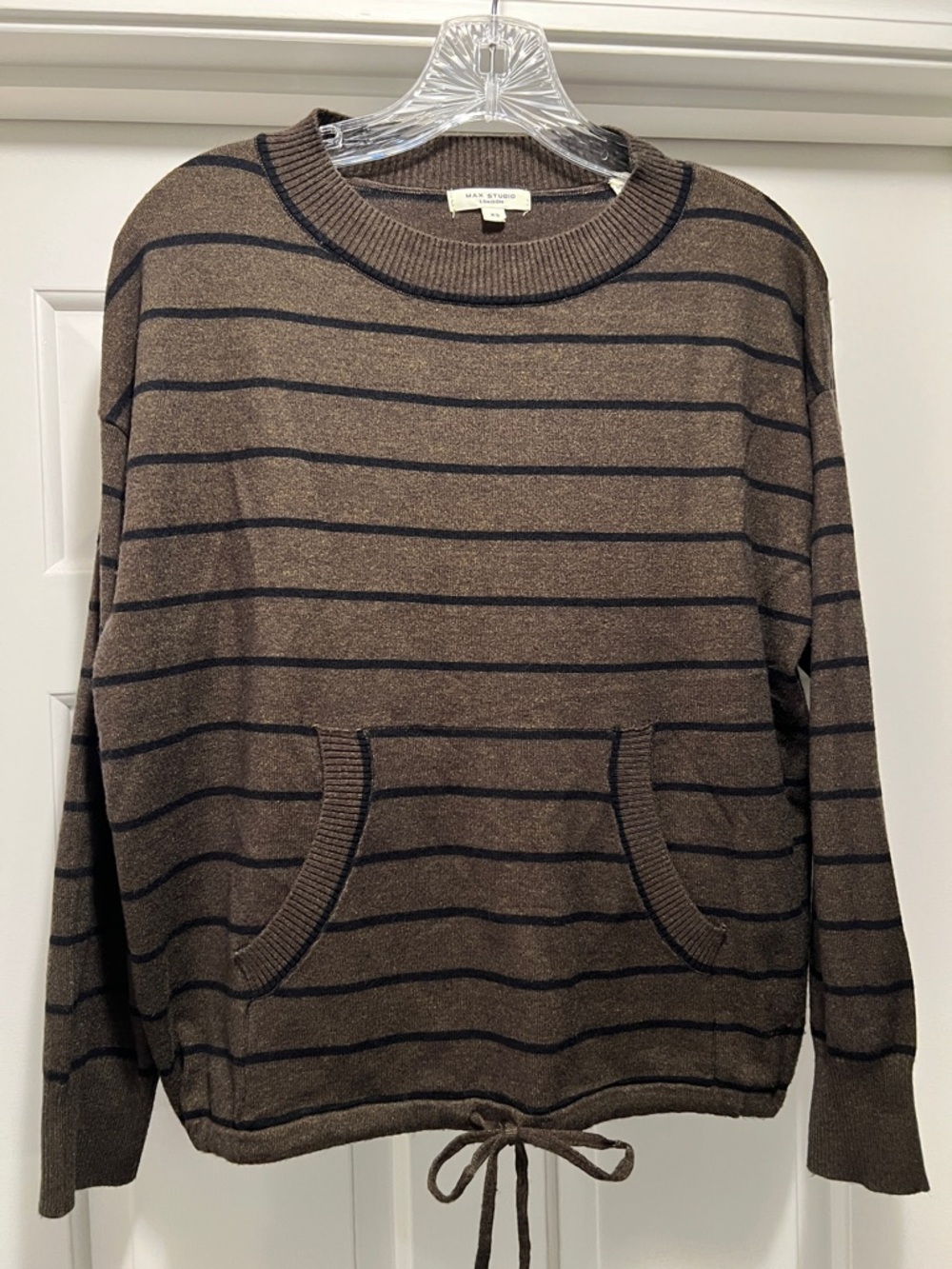 Max Studio Olive Crewneck Sweater with Black Stripes